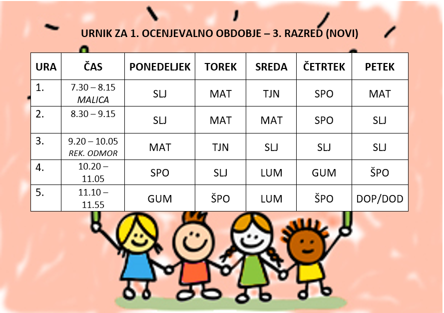 Urnik šolskih ur za vse dni v tednu. 