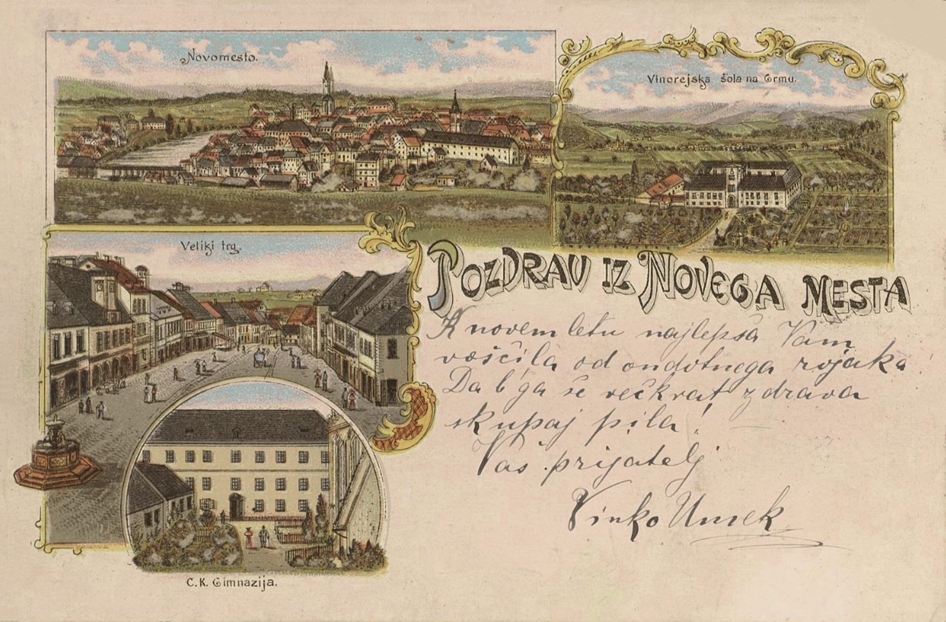 Novo mesto, razglednica z začetka 20. stoletja. Hrani Narodna in univerzitetna knjižnica.