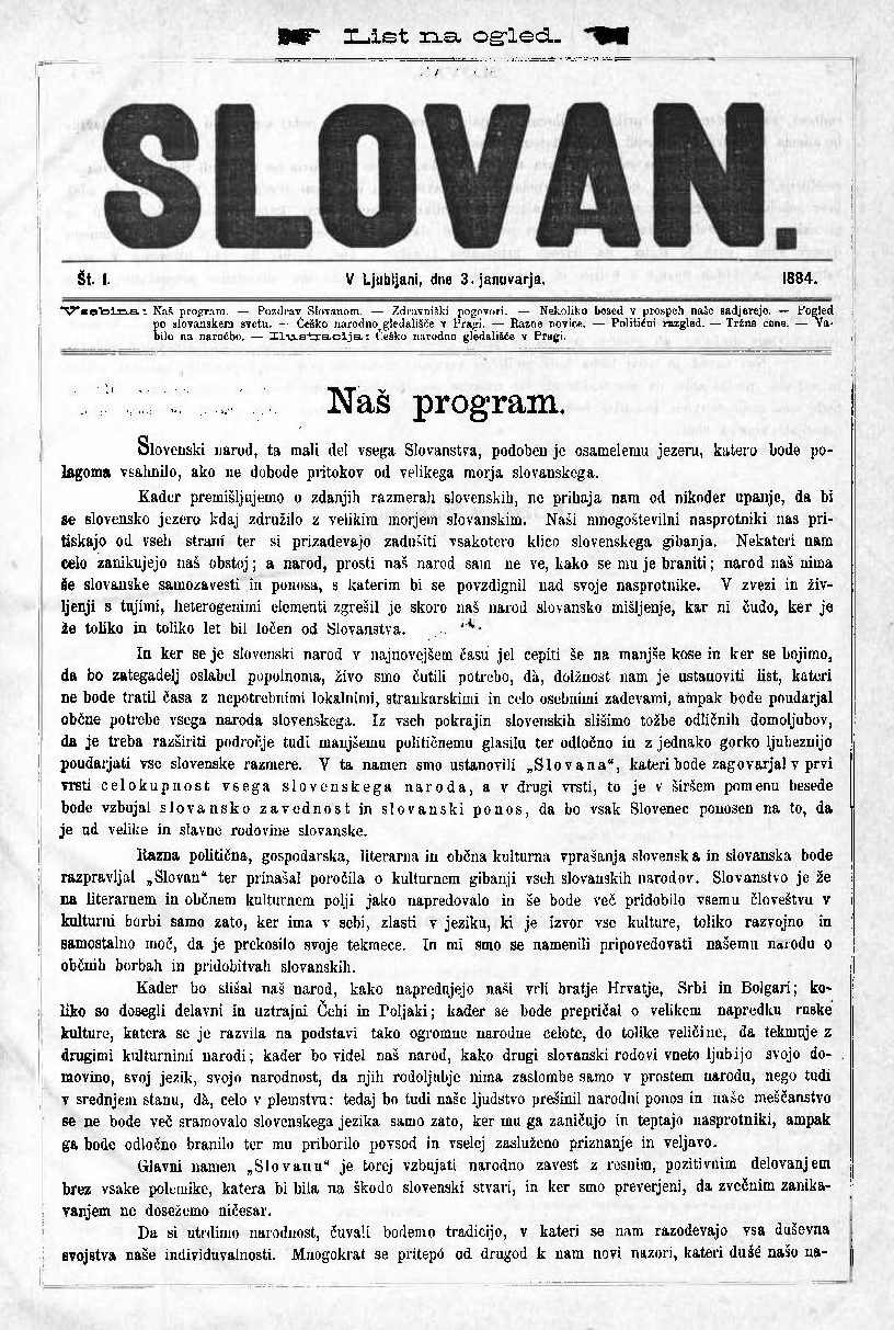 Naslovna stran leposlovnega lista Slovan, številka 1, leto 1884.