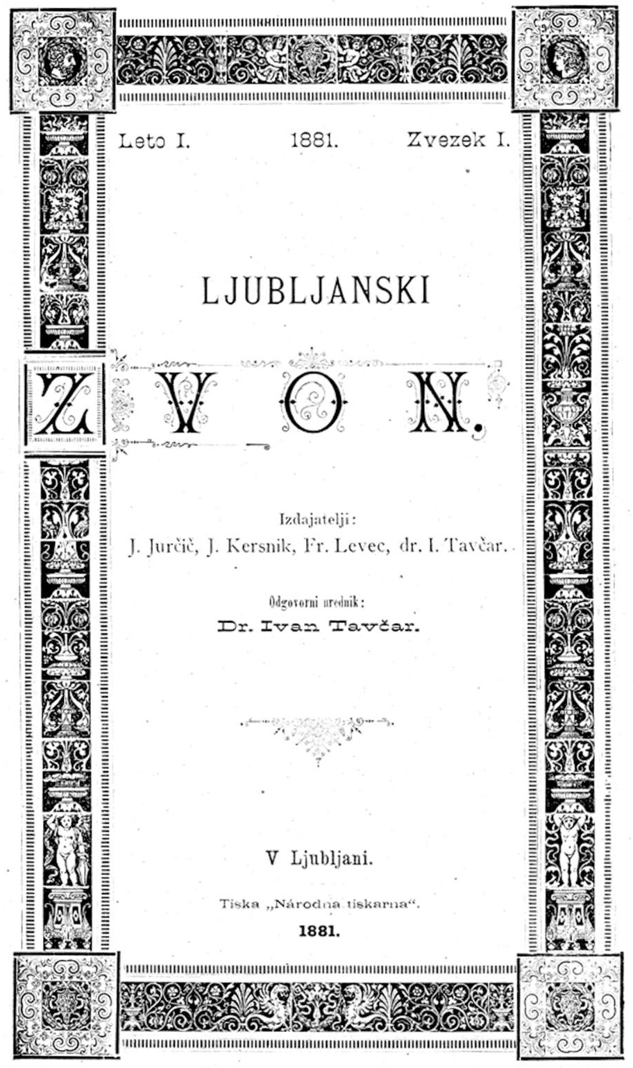 Naslovna stran Zvona, letnik 1, številka 1, 1881.
