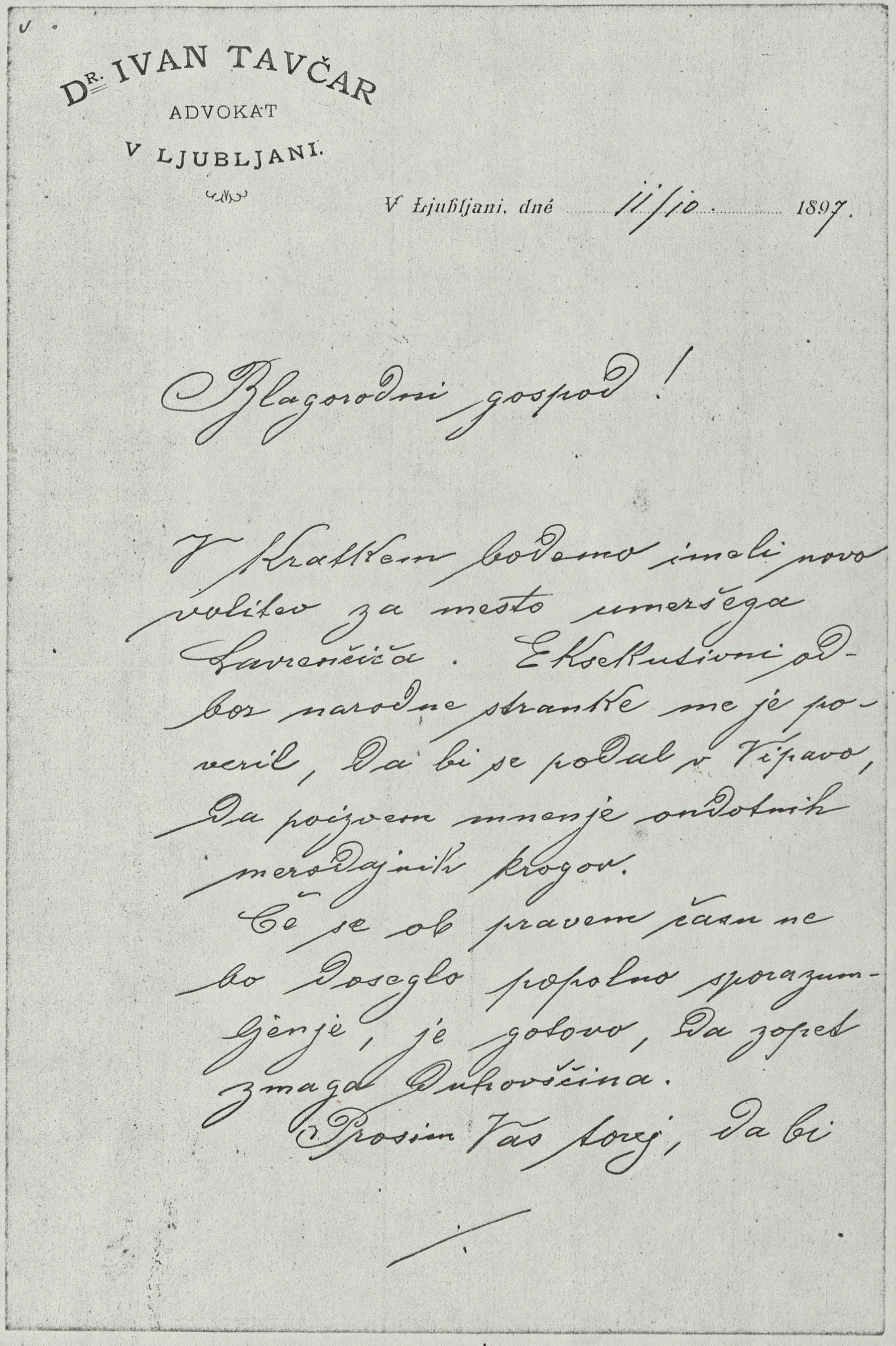 Tavčarjevo pismo iz leta 1897, prva stran.