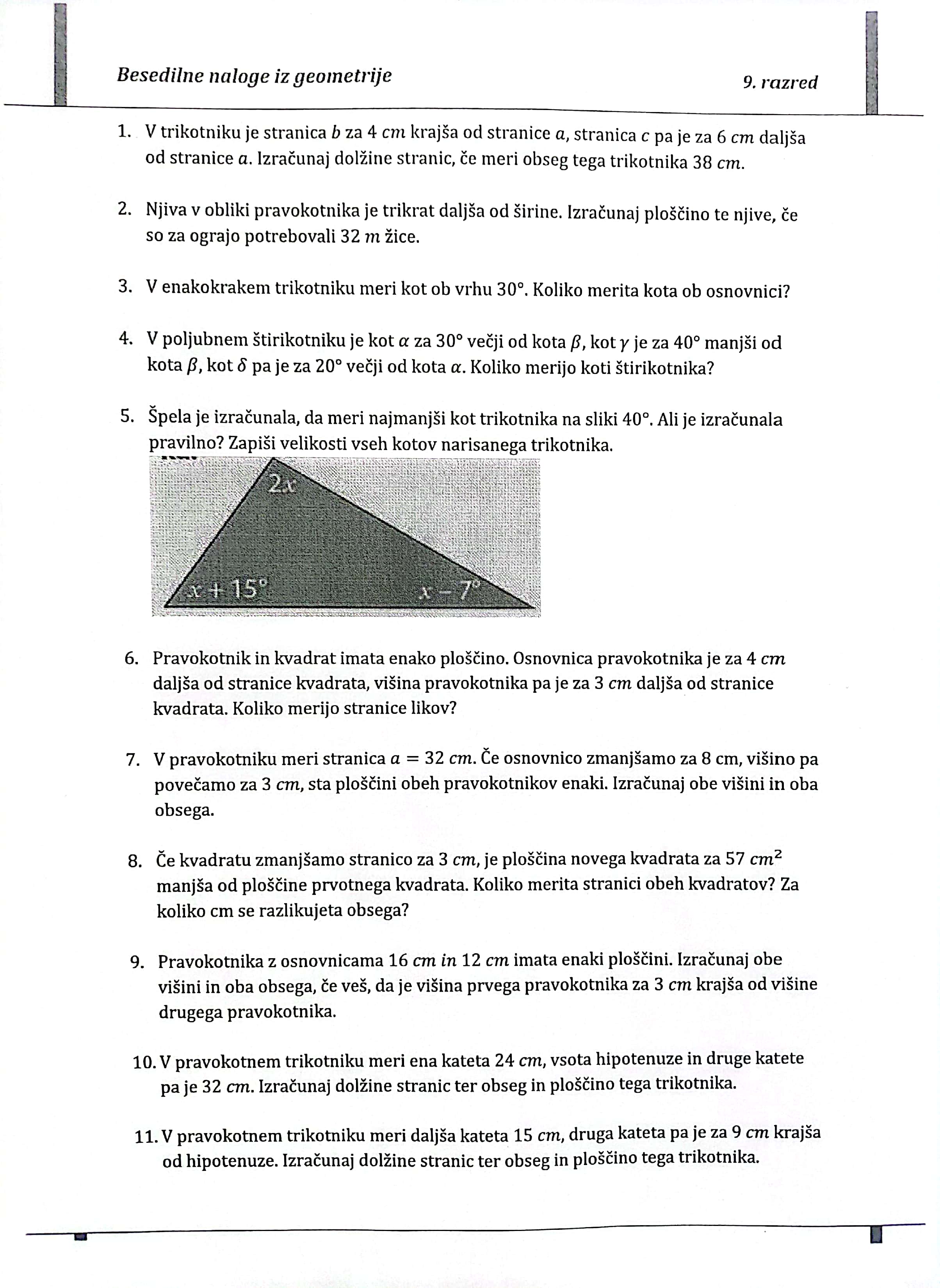 Uporaba enačb v besedilnih nalogah iz geometrije