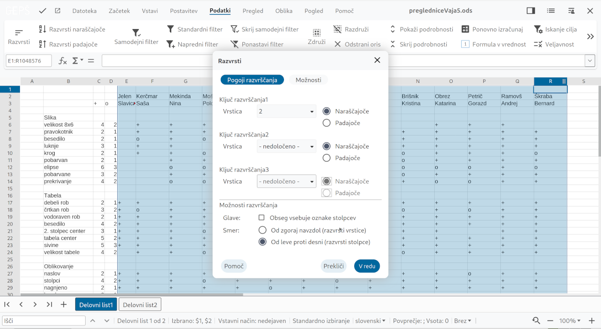 Razvrščanje po stolpcih